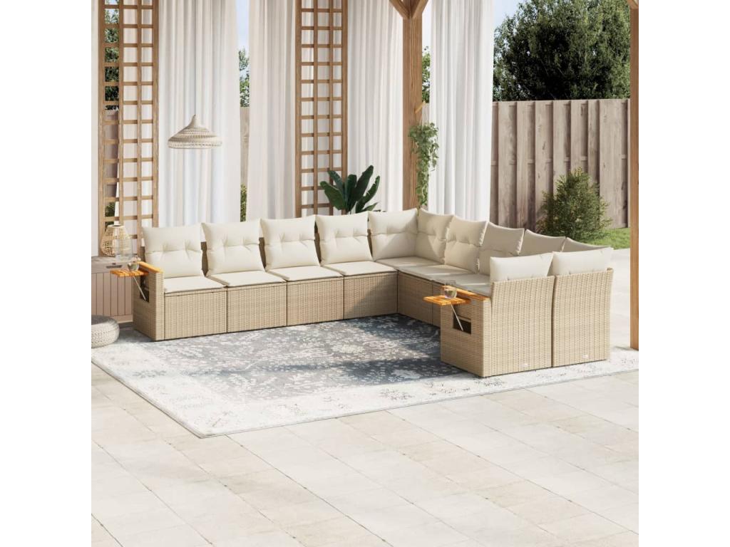 10-piece garden furniture set with cushions, beige woven resin, 53777LUJN