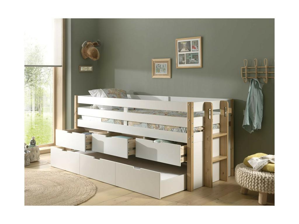 Maisonpuretop - 90x200cm Raised Trundle Bed with Drawers, White and Wood 15266NIMD