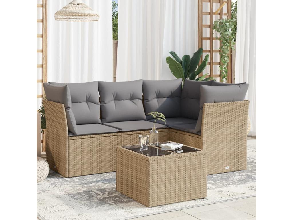 5-piece garden furniture set with cushions, beige wicker resin, 76406VTLP