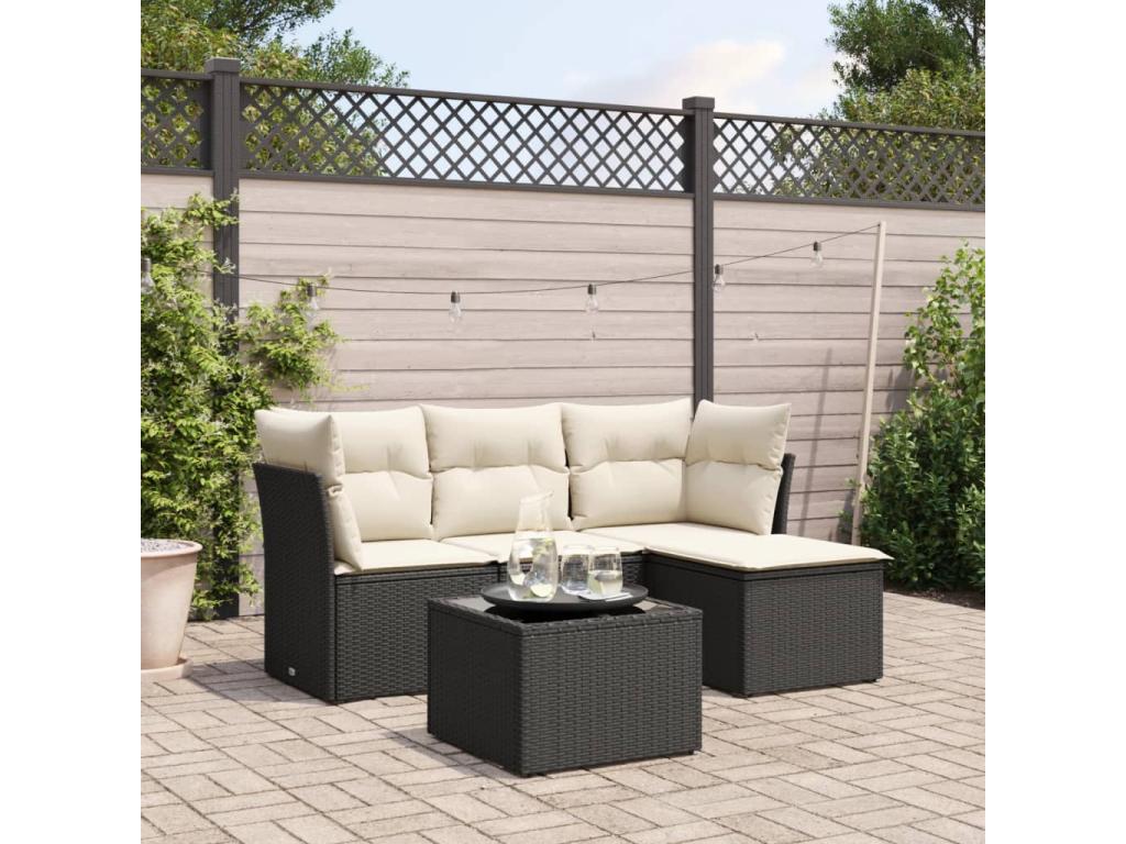 5-piece garden furniture set with cushions, black woven resin, 61106QXWV