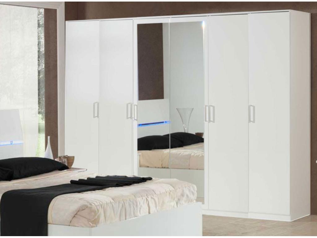 Large modern bedroom wardrobe with 6 hinged doors, white lacquered wood and mirror, Maisonpuretop, 272cm, 13493ZXYH