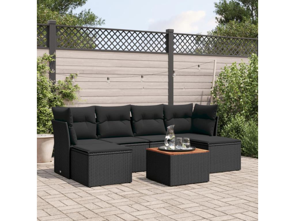 7-piece garden furniture set with cushions, black woven resin, 35448CHTL