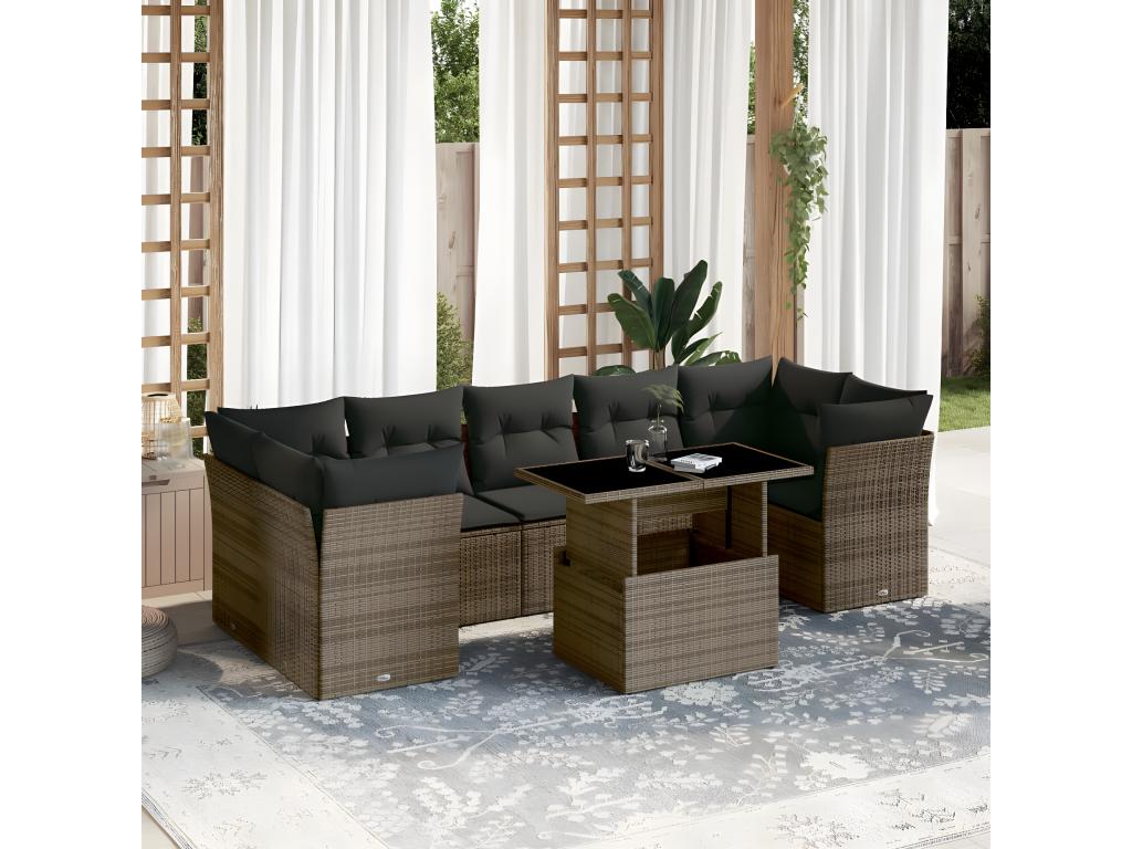 8-piece garden furniture set with grey resin wicker cushions 85942ERCU