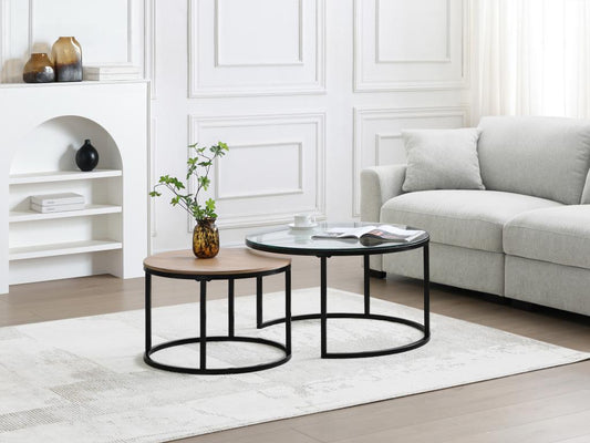 Nesting coffee tables in oak veneer, tempered glass and black metal - Transparent and Natural - Parisianestop 10242NQDS
