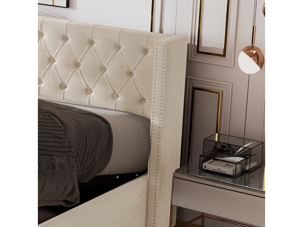 Storage bed 160x200 cm double bed upholstered in velvet with decorative rivets and buttons, Parisianestop style slatted base, beige 13244ZLKT