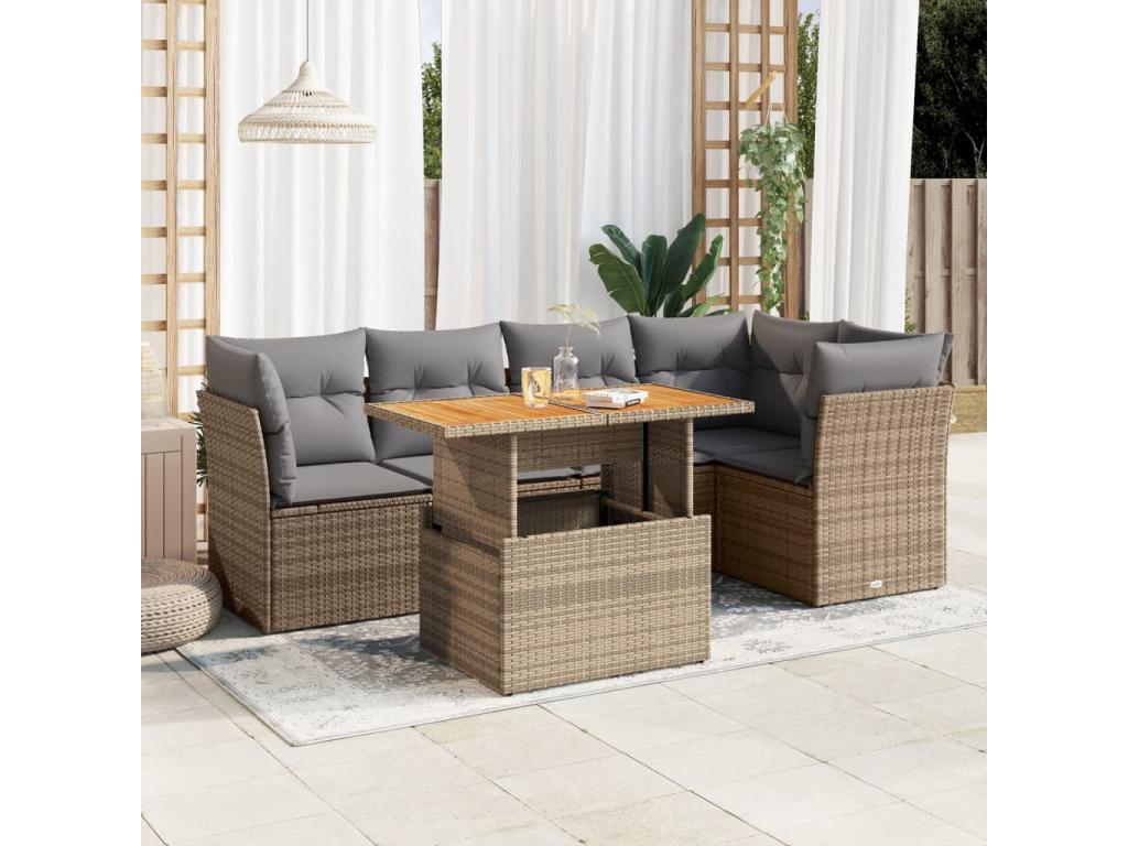 6-piece garden furniture set with cushions, beige woven resin, 15861DVVN