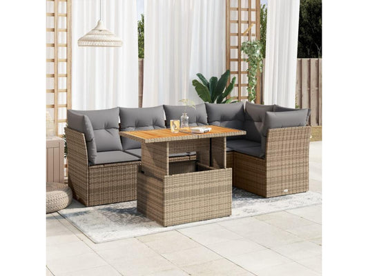 6-piece garden furniture set with cushions, beige woven resin, 15861DVVN