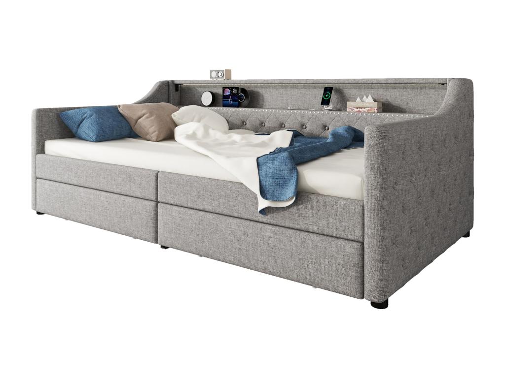 Upholstered bed 90x200 cm with headboard - LEDs - 2 drawers, USB charging port and storage shelf - linen fabric - grey, without mattress 83461KILS