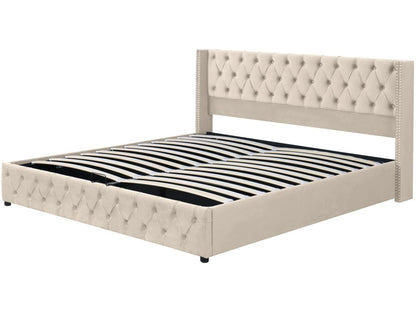 Storage bed 160x200 cm double bed upholstered in velvet with decorative rivets and buttons, Parisianestop style slatted base, beige 13244ZLKT