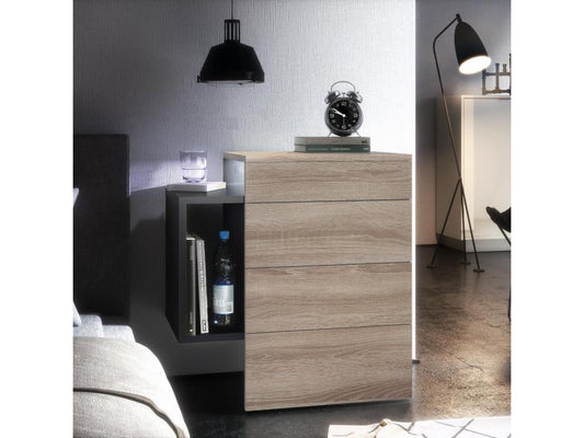 Matte Black and Oak Bedside Table, 60x63x36 cm, LED Lighting, 31932FWCC
