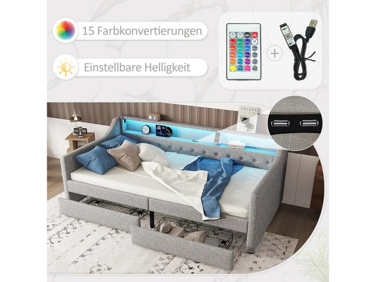 Upholstered bed 90x200 cm with headboard - LEDs - 2 drawers, USB charging port and storage shelf - linen fabric - grey, without mattress 83461KILS