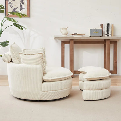 Beige 52 Upholstered Swivel Barrel Chair with Moon Storage Ottoman and Pillows