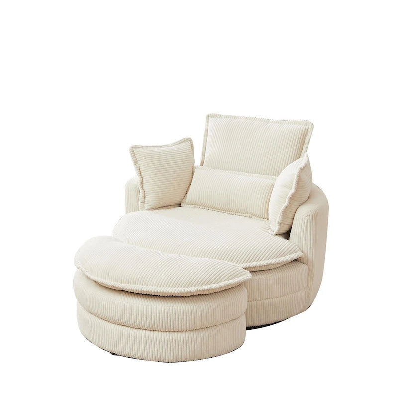 Beige 52 Upholstered Swivel Barrel Chair with Moon Storage Ottoman and Pillows