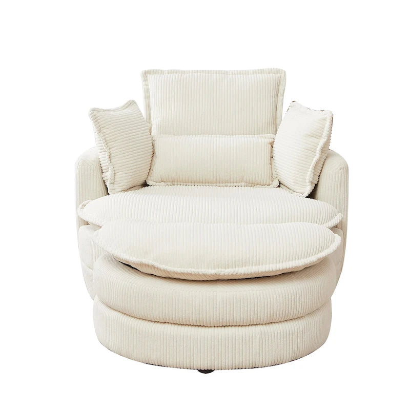 Beige 52 Upholstered Swivel Barrel Chair with Moon Storage Ottoman and Pillows