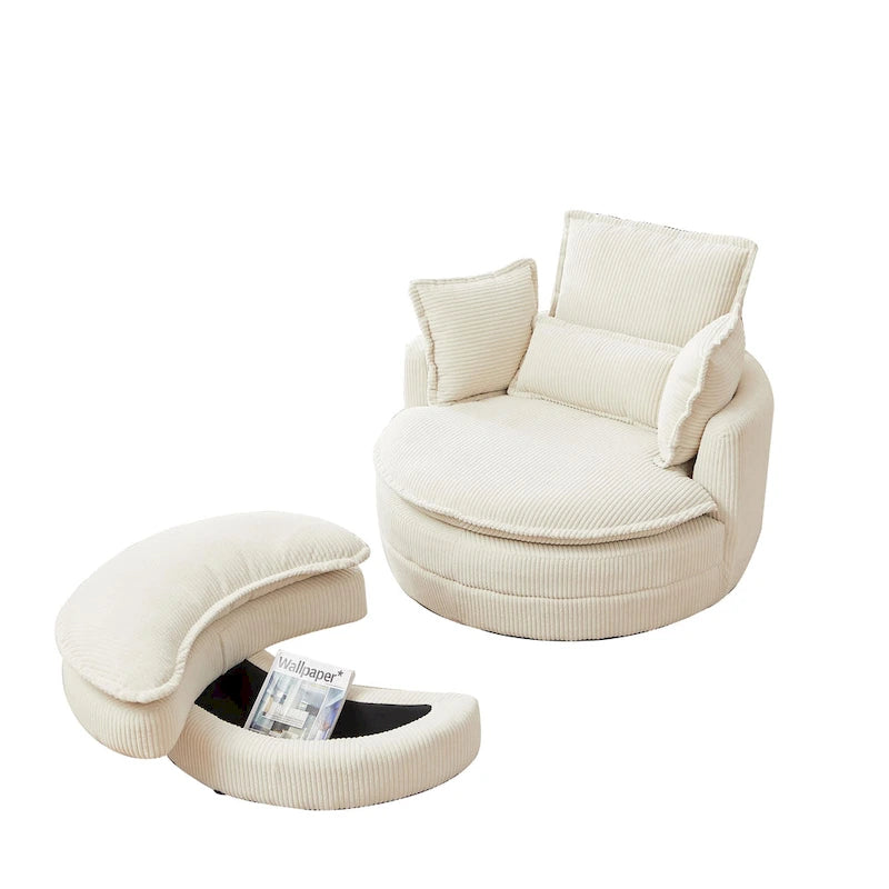 Beige 52 Upholstered Swivel Barrel Chair with Moon Storage Ottoman and Pillows