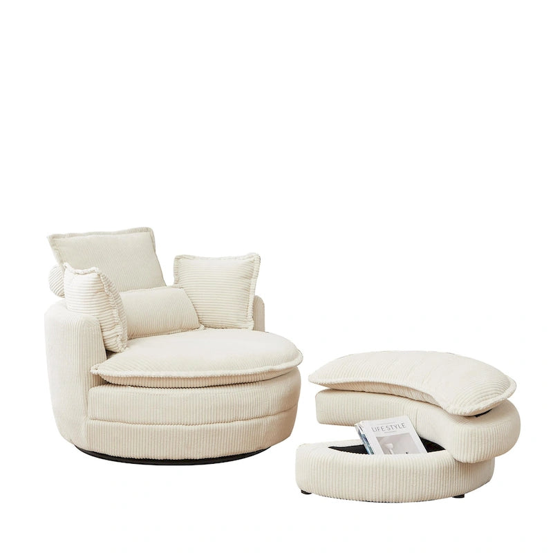 Beige 52 Upholstered Swivel Barrel Chair with Moon Storage Ottoman and Pillows