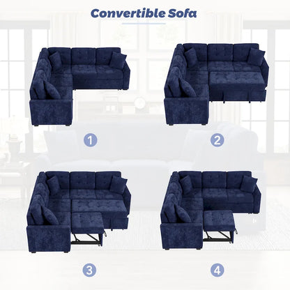 Navy Blue 82.6 Velvet L-Shaped Sleeper Sectional Sofa with USB Ports