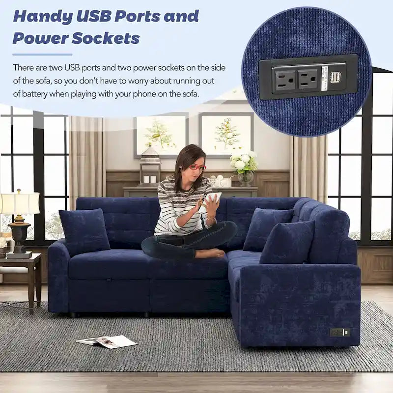 Navy Blue 82.6 Velvet L-Shaped Sleeper Sectional Sofa with USB Ports
