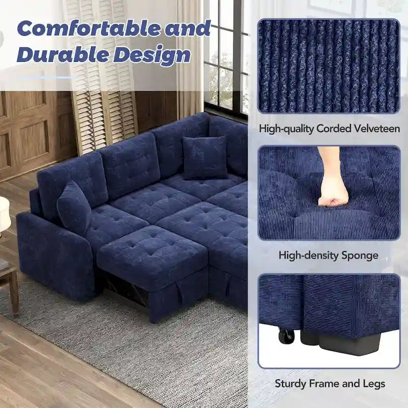 Navy Blue 82.6 Velvet L-Shaped Sleeper Sectional Sofa with USB Ports