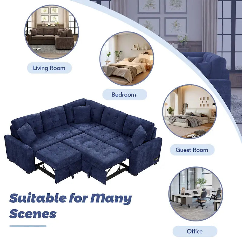 Navy Blue 82.6 Velvet L-Shaped Sleeper Sectional Sofa with USB Ports