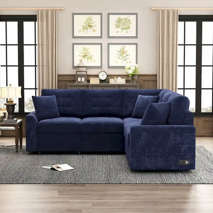 Navy Blue 82.6 Velvet L-Shaped Sleeper Sectional Sofa with USB Ports