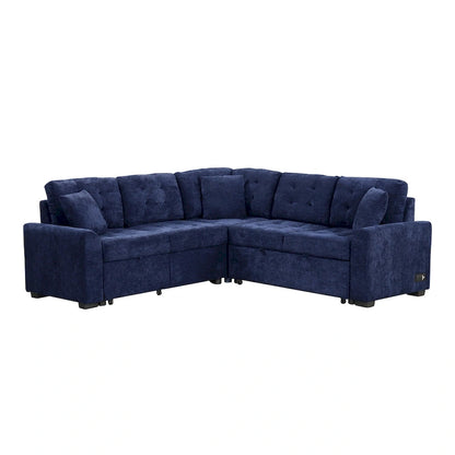 Navy Blue 82.6 Velvet L-Shaped Sleeper Sectional Sofa with USB Ports