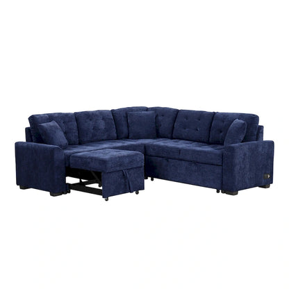Navy Blue 82.6 Velvet L-Shaped Sleeper Sectional Sofa with USB Ports
