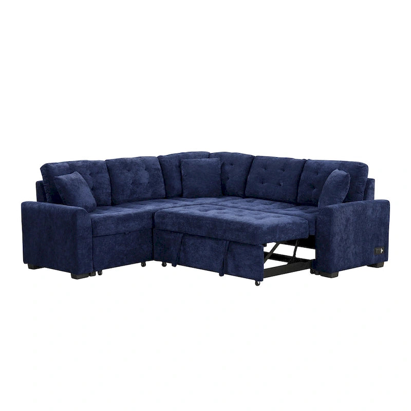 Navy Blue 82.6 Velvet L-Shaped Sleeper Sectional Sofa with USB Ports
