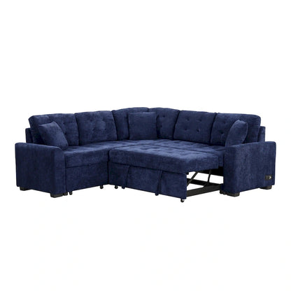 Navy Blue 82.6 Velvet L-Shaped Sleeper Sectional Sofa with USB Ports