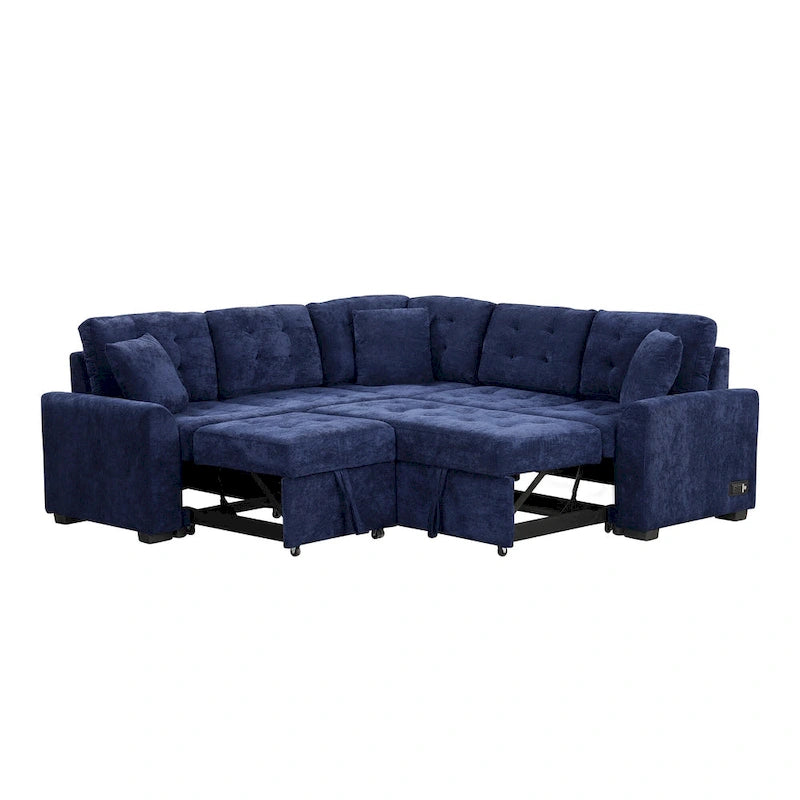 Navy Blue 82.6 Velvet L-Shaped Sleeper Sectional Sofa with USB Ports