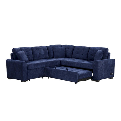 Navy Blue 82.6 Velvet L-Shaped Sleeper Sectional Sofa with USB Ports