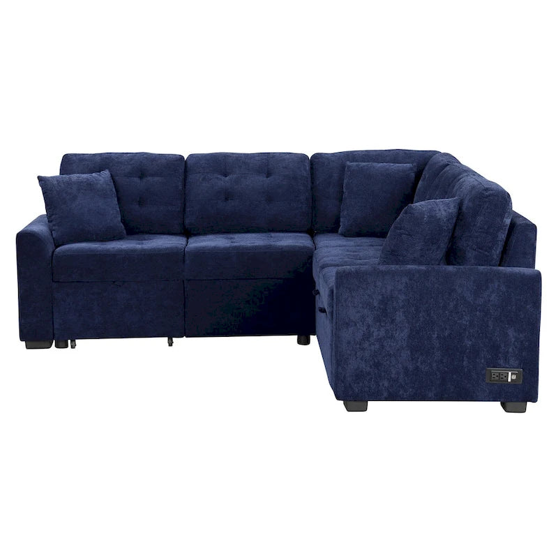 Navy Blue 82.6 Velvet L-Shaped Sleeper Sectional Sofa with USB Ports