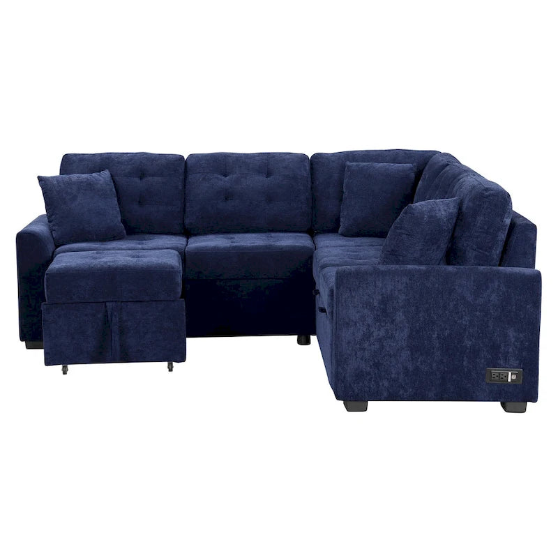 Navy Blue 82.6 Velvet L-Shaped Sleeper Sectional Sofa with USB Ports