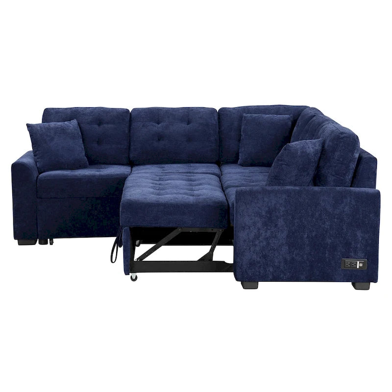 Navy Blue 82.6 Velvet L-Shaped Sleeper Sectional Sofa with USB Ports