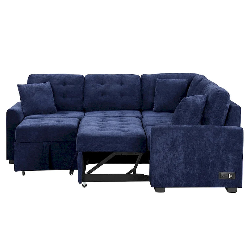 Navy Blue 82.6 Velvet L-Shaped Sleeper Sectional Sofa with USB Ports