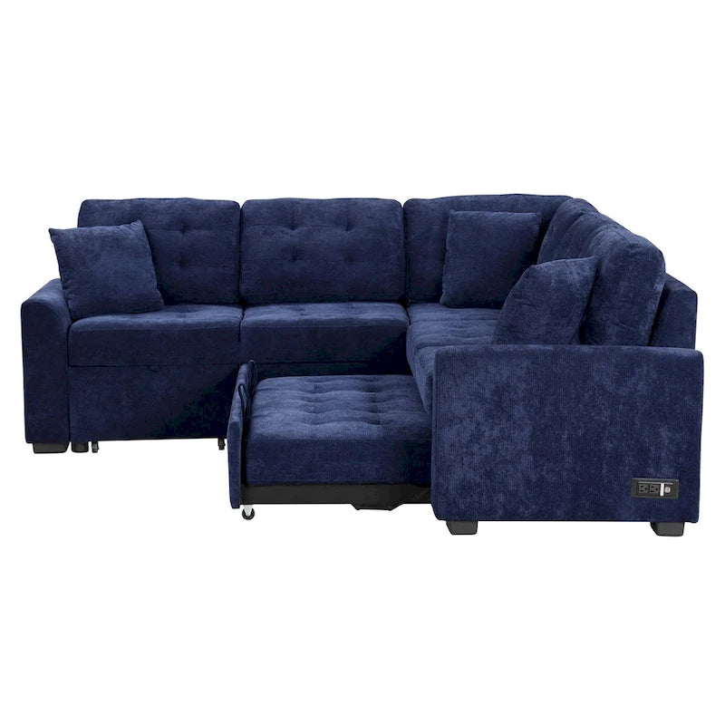 Navy Blue 82.6 Velvet L-Shaped Sleeper Sectional Sofa with USB Ports