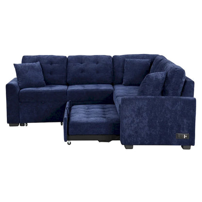 Navy Blue 82.6 Velvet L-Shaped Sleeper Sectional Sofa with USB Ports