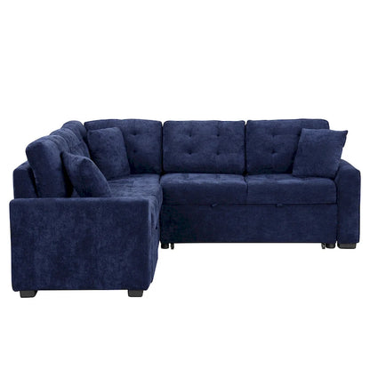 Navy Blue 82.6 Velvet L-Shaped Sleeper Sectional Sofa with USB Ports