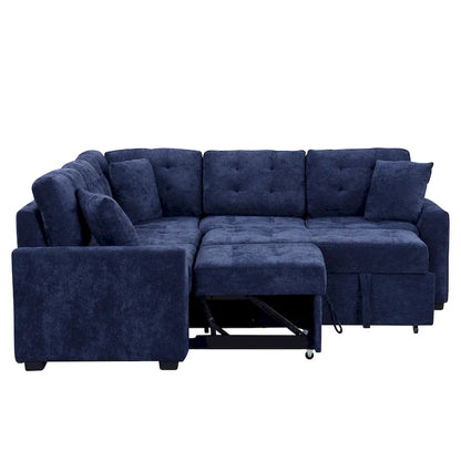 Navy Blue 82.6 Velvet L-Shaped Sleeper Sectional Sofa with USB Ports