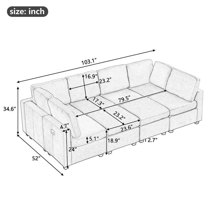 103 Sectional Sofa Couch Sofa Bed U-shaped Sofa with Two Movable Ottoman and Three USB Ports