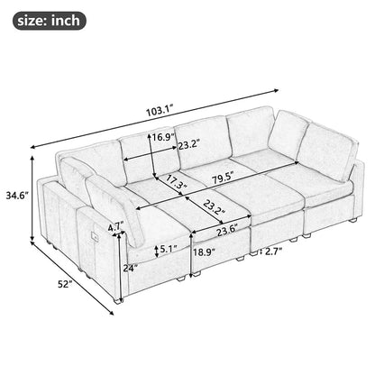 103 Sectional Sofa Couch Sofa Bed U-shaped Sofa with Two Movable Ottoman and Three USB Ports