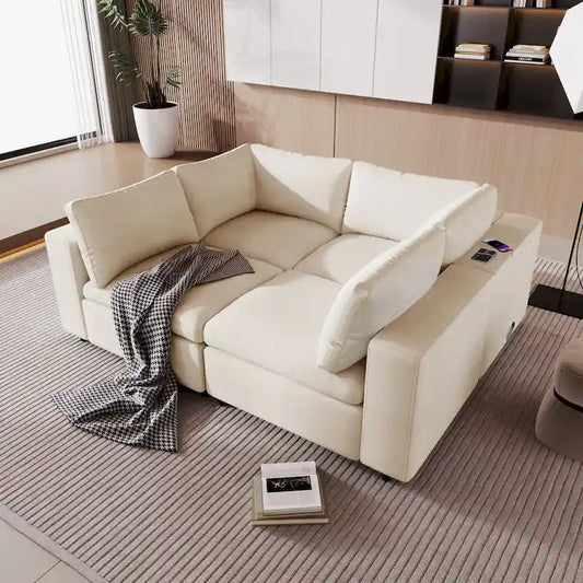 Beige Chenille Modular Sectional Sofa with USB, Bluetooth &amp; Storage