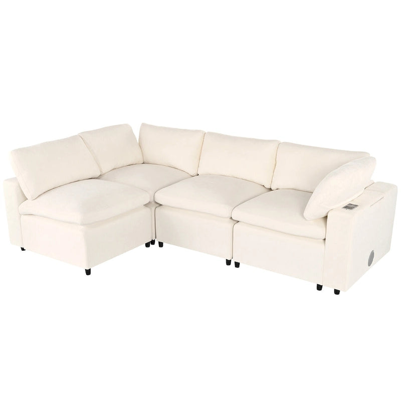 Beige Chenille Modular Sectional Sofa with USB, Bluetooth &amp; Storage