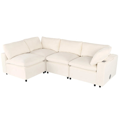 Beige Chenille Modular Sectional Sofa with USB, Bluetooth &amp; Storage