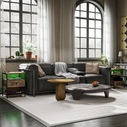 Set of 2 End Tables with Charging Stations and LED Lights, 3-Tier Side Tables with USB Ports and Outlets, Drawer and Shelves