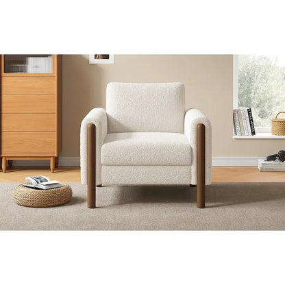 White 33.5 Upholstered Accent Chair with Walnut Legs and Curved Handrail