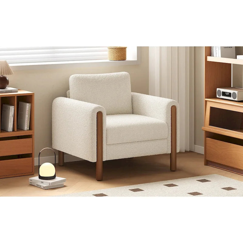 White 33.5 Upholstered Accent Chair with Walnut Legs and Curved Handrail