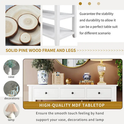 Retro Design Console Table with Two Open Shelves, Pine Solid Wood Frame and Legs for Living Room