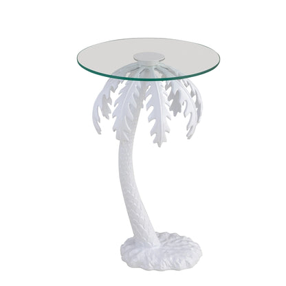 Hedda 24.75 Mid-Century Vintage Glass Top Metal Palm Tree End Table, White, by JONATHAN Y