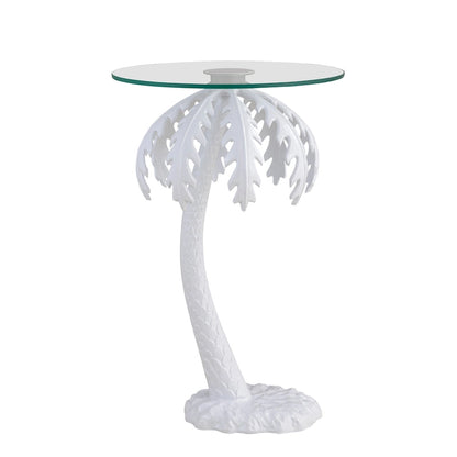 Hedda 24.75 Mid-Century Vintage Glass Top Metal Palm Tree End Table, White, by JONATHAN Y